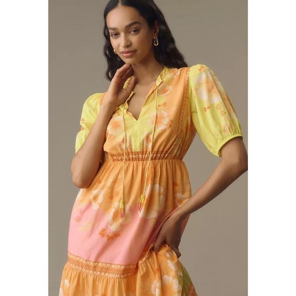 NWT Farm Rio x Anthropologie Short-Sleeve Tiered Midi Dress $238 XXS Yellow - Picture 2 of 4
